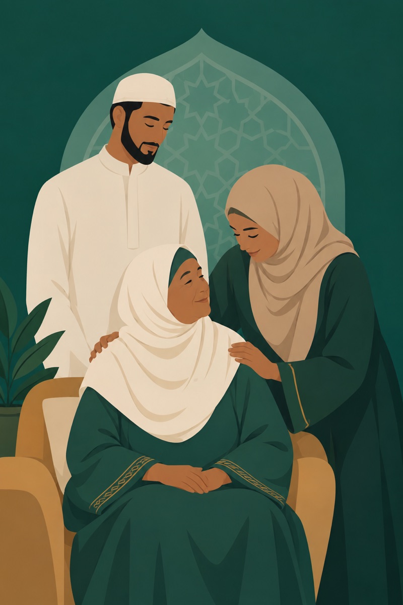 A mother in her chair, her daughter and her son beside her